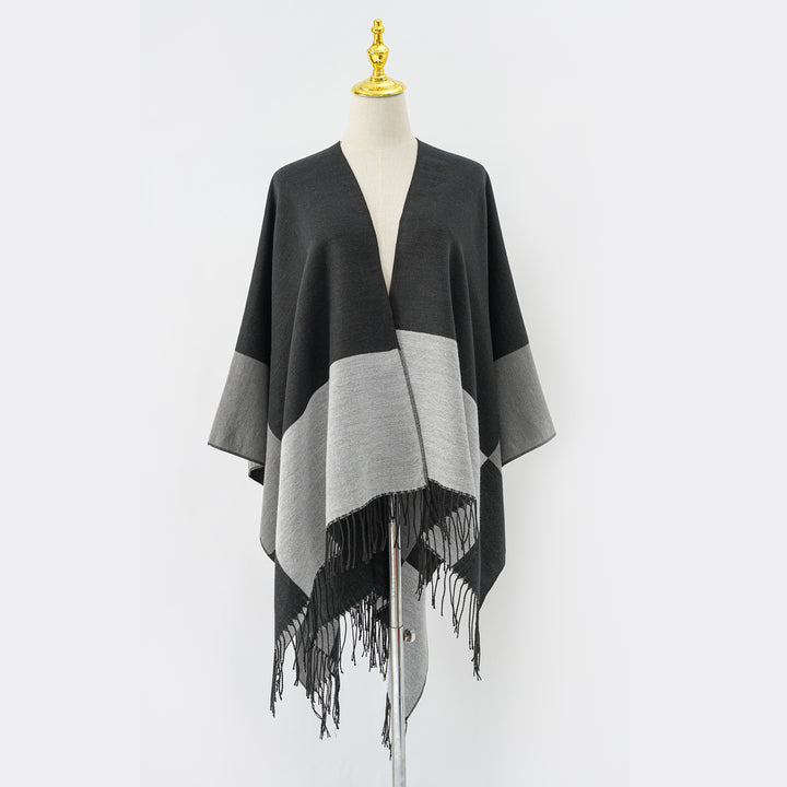 Damen Oversize-Ruana aus Wollmix mit Farbblock‑Design und Fransen Echo Archiv