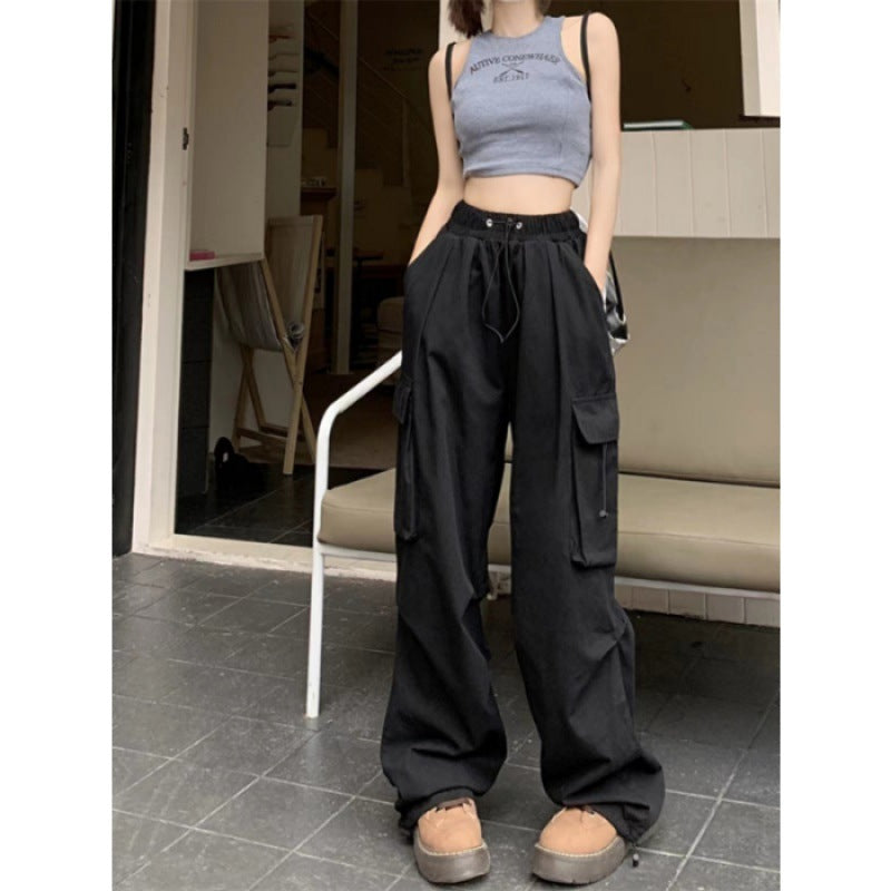 Damen Cargo-Hose mit hoher Taille, Elastikbund, großen Klappentaschen und Kordelzug – Avélisse