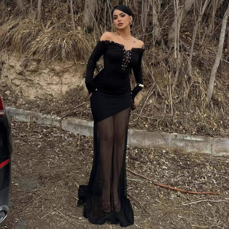 Damen figurbetontes Maxikleid mit Off-Shoulder Design und transparentem Rock Echo Archiv