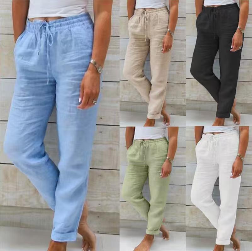 Damen lässige Leinenhose mit elastischem Bund Kordelzug und Seitentaschen – Avélisse