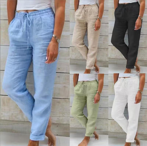 Damen lässige Leinenhose mit elastischem Bund Kordelzug und Seitentaschen – Avélisse