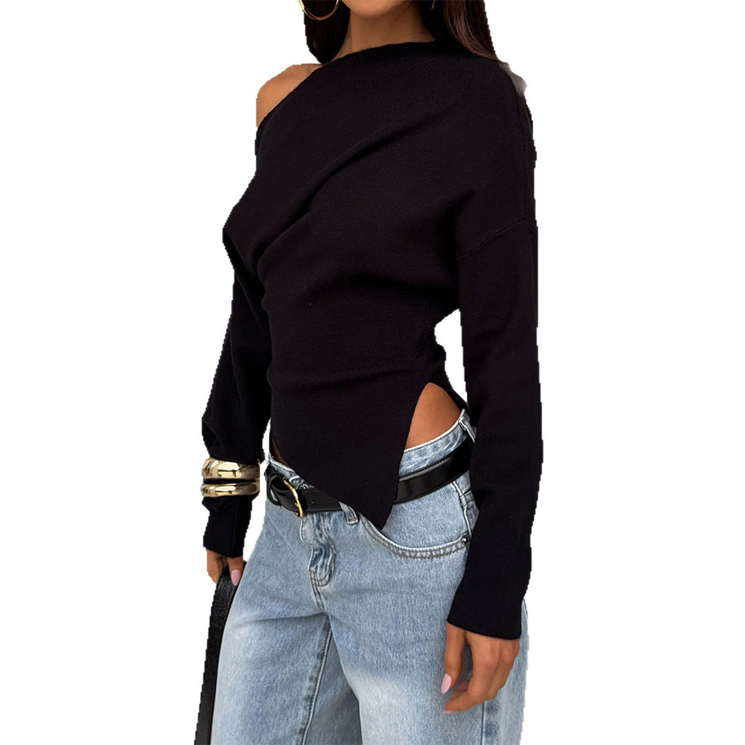 Damen schulterfreier Feinstrickpullover mit asymmetrischem Cut-Out, taillierter Passform und weiten Ärmeln – Mavelle