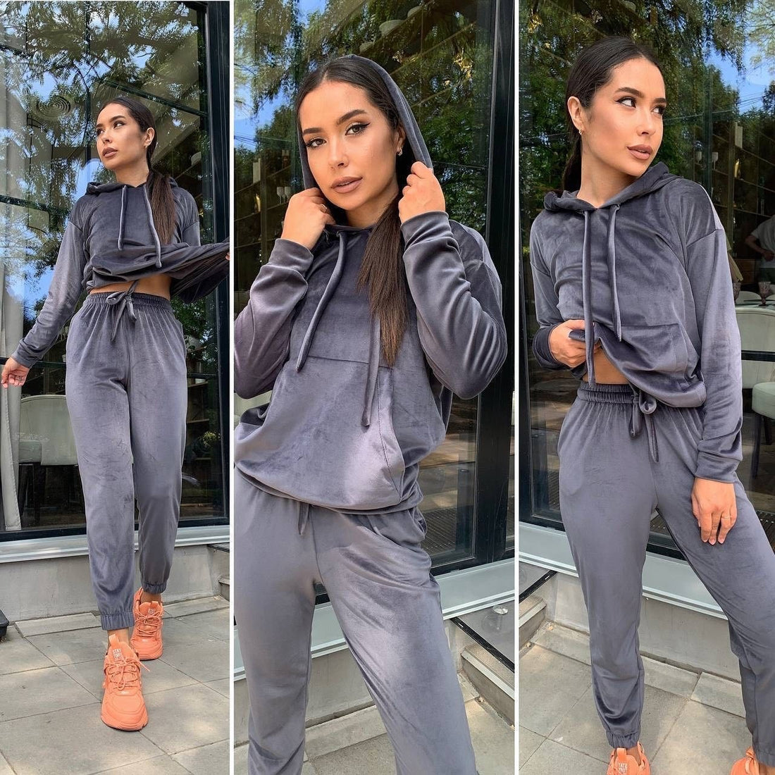 Damen Samt-Loungewear-Set mit kurz geschnittener Kapuzenjacke und Kordelzug-Jogginghose – Auréline