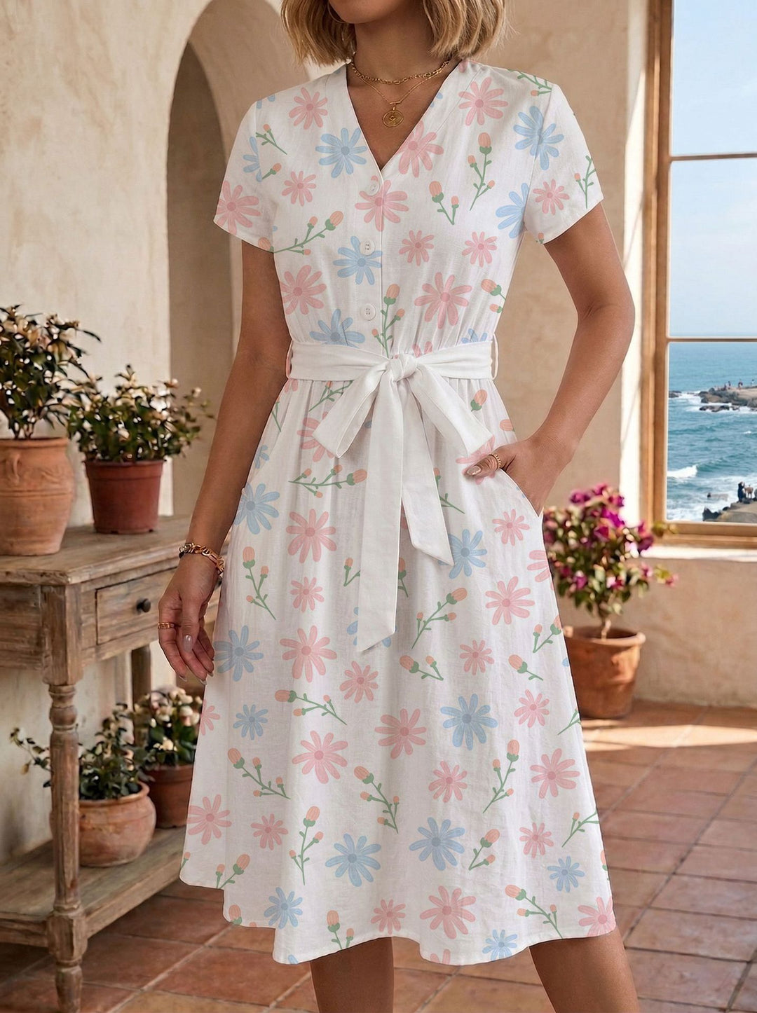 Damen lässiges Maxikleid mit taillierbarem Knoten und dekorativem Karomuster Echo Archiv