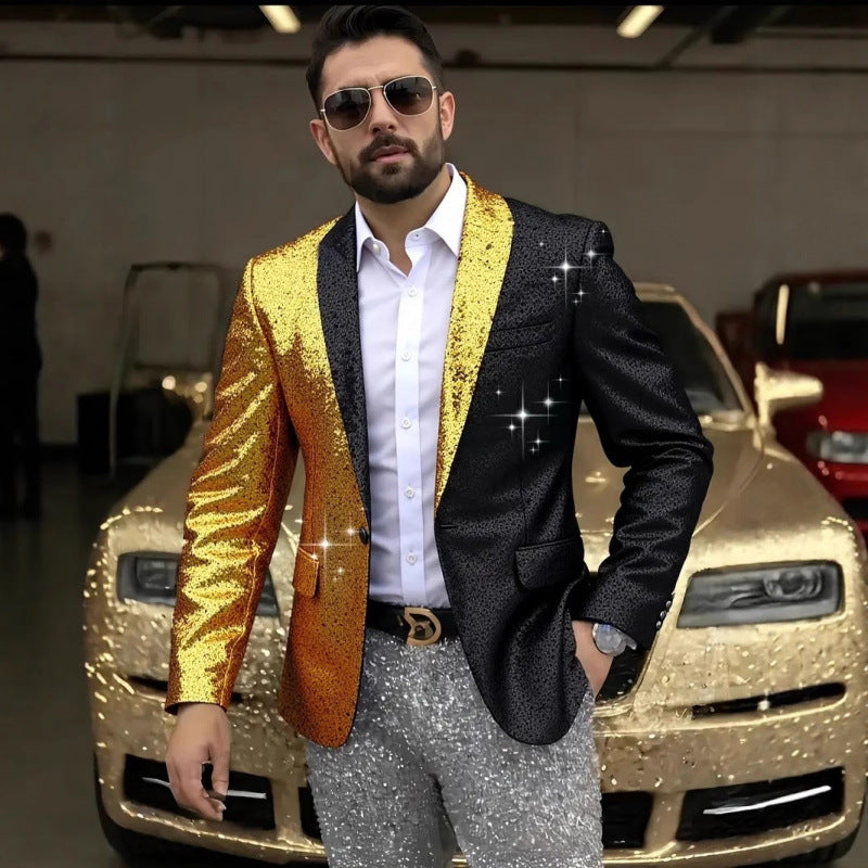 Herren Glänzender Pailletten-Blazer mit kontrastierenden Farben Echoarchiv