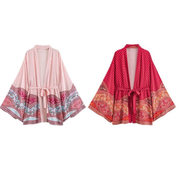 Damen Kimono-Wickelrobe im Boho-Print mit weitem Ärmeln Echoarchiv