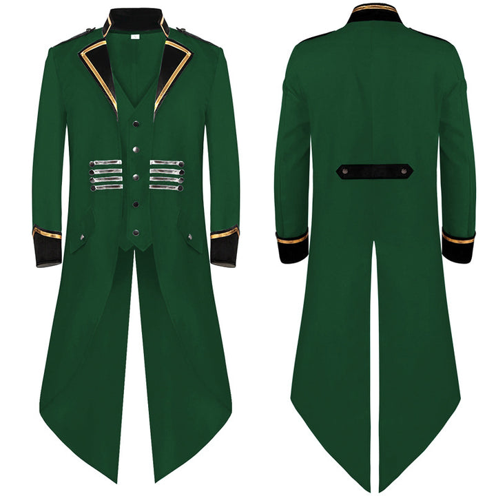 Herren militärisch inspirierter Longcoat mit Schößenschnitt, Stehkragen und dekorativen Metallleisten – Montevé