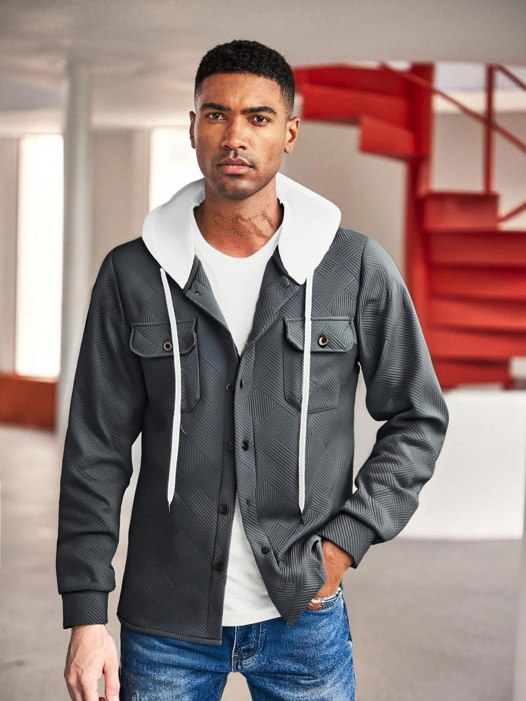 Herren modische Hybrid-Jacke mit abnehmbarer Kapuze und praktischen Taschen Echoarchiv