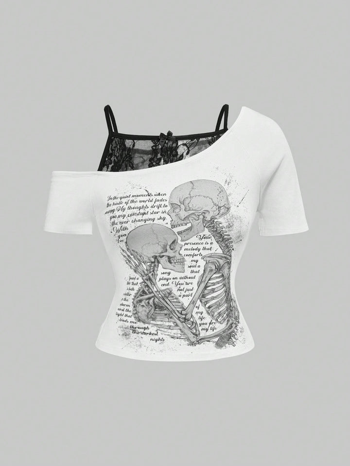 Damen Raffiniertes grafisches T-Shirt mit Spitzenunterlayer Echo Archiv