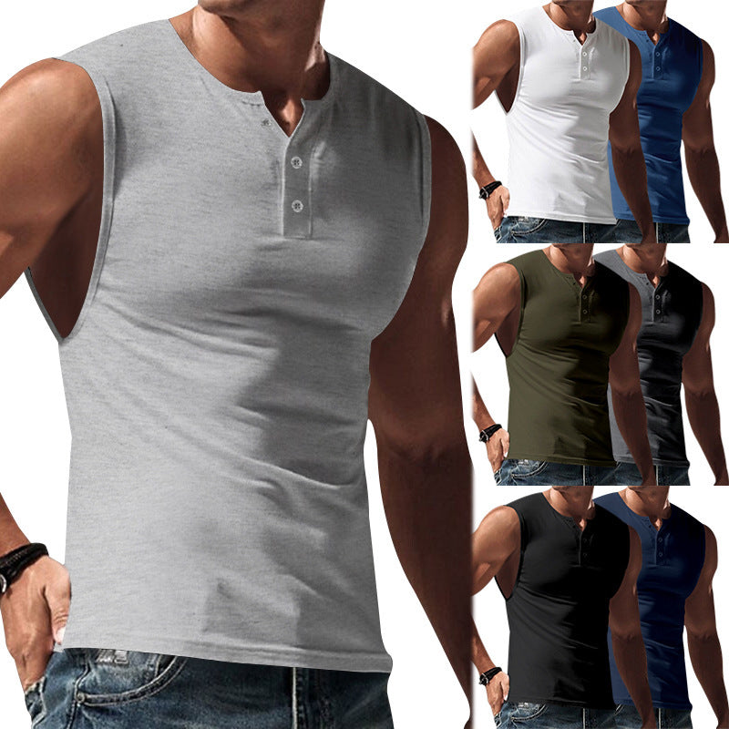 Herren ärmelloses Henley-T-Shirt aus weicher Baumwolle mit dekorativen Knöpfen Echoarchiv