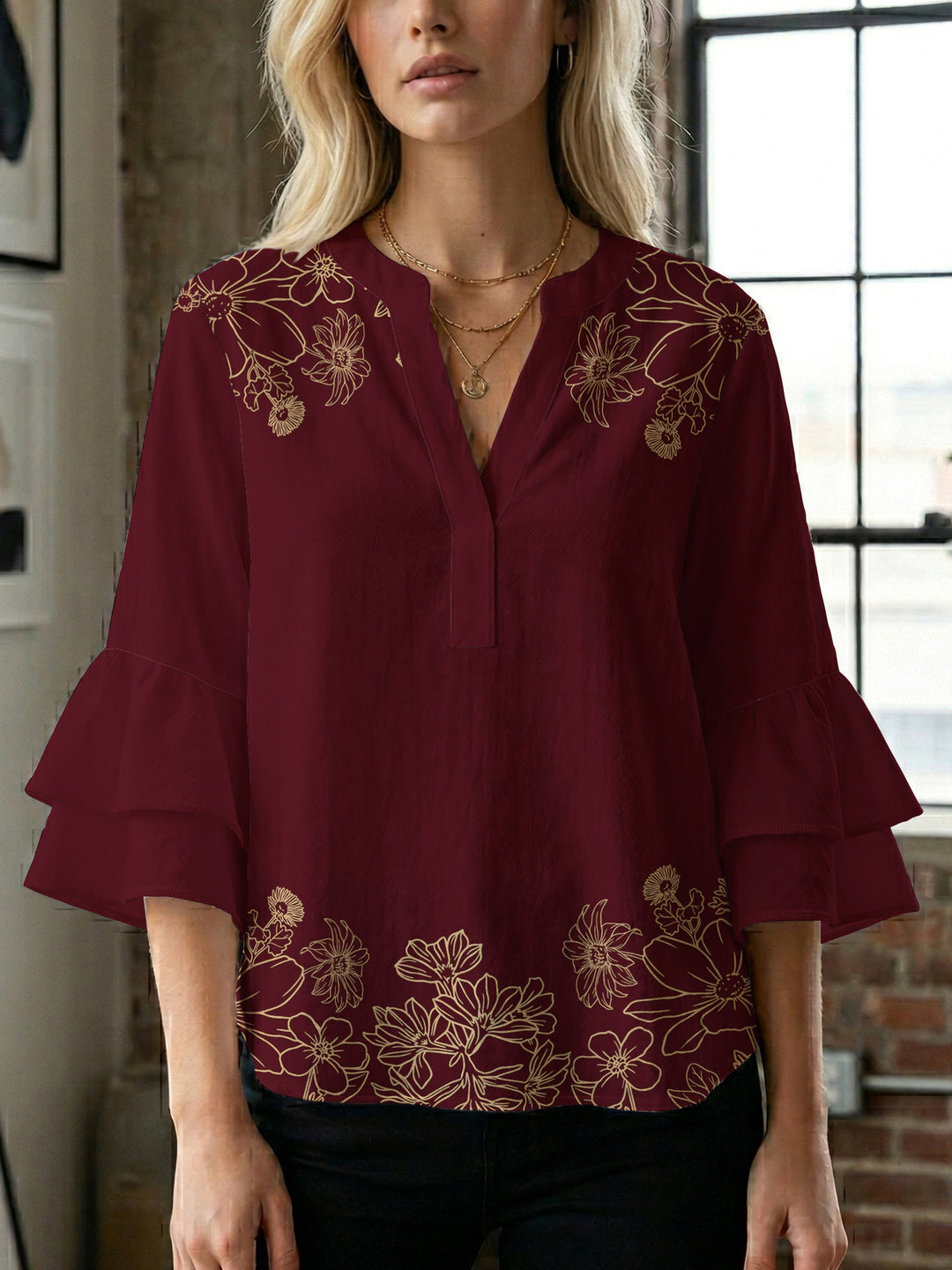 Damen Bluse mit voluminösen Rüschenärmeln und floralem Druck Echo Archiv