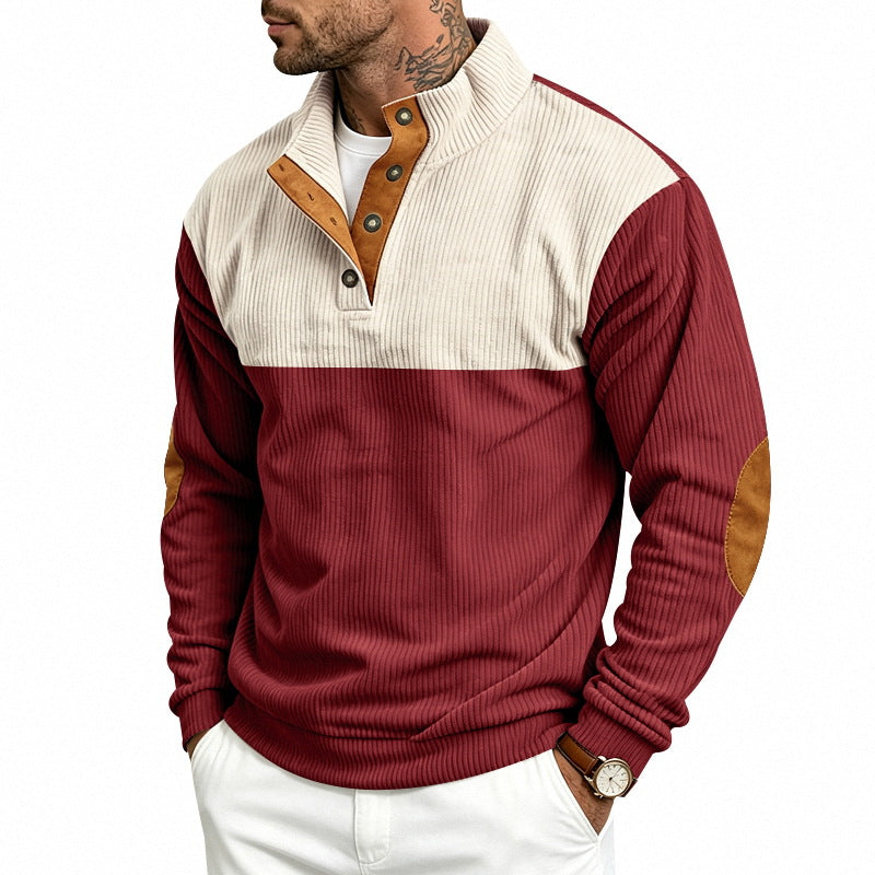 Herren Strukturierter Troyer-Pullover mit Stehkragen, Druckknopfleiste und Ellbogen‑Patches Echoarchiv