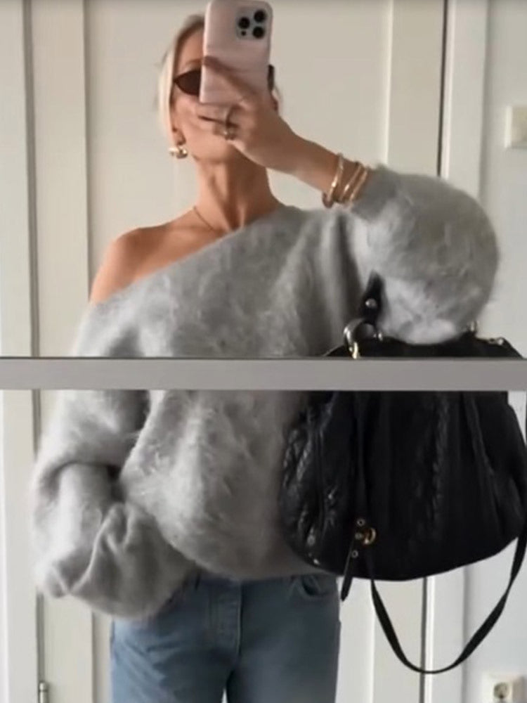 Damen Oversize Mohair-Blend Off-Shoulder Pullover mit Ballonärmeln Echoarchiv