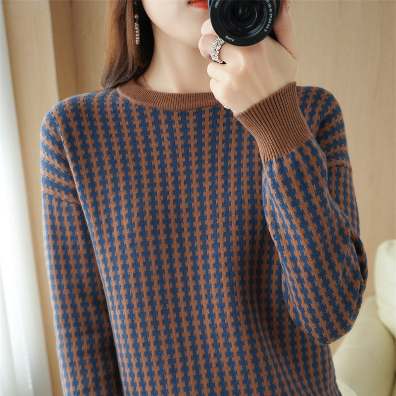 Damen Leichter Strukturstrick-Pullover mit Hahnentritt-Muster und breitem Rippbündchen Echoarchiv