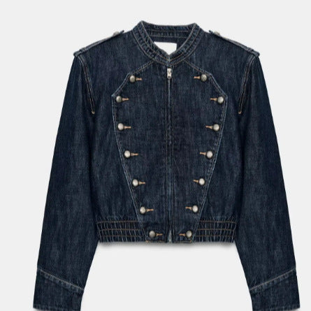 Damen Kurz geschnittene Jeansjacke mit Mandarinkragen, Zierknopfreihe und Schulterpatten Echo Archiv