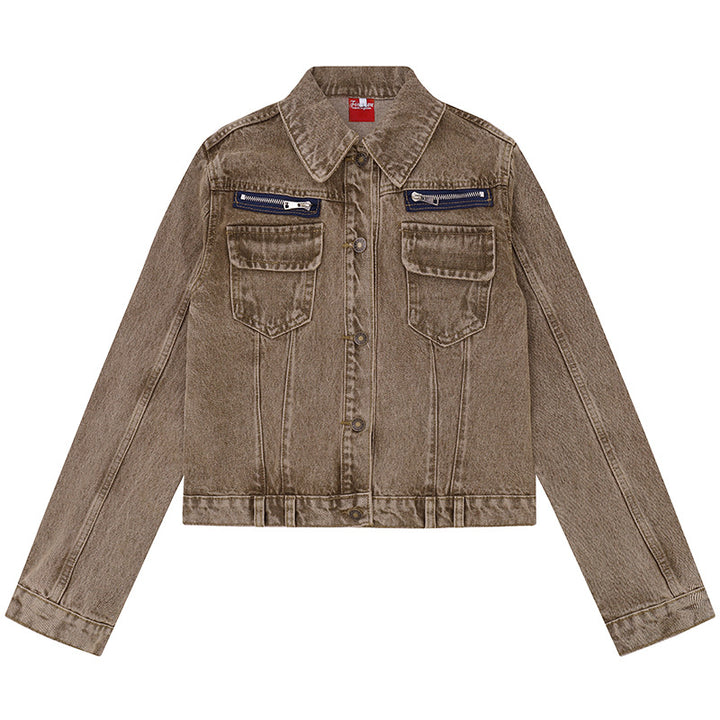 Damen kurze Vintage-Denimjacke mit Brusttaschen, Reißverschluss-Detail und Knopfleiste Echoarchiv