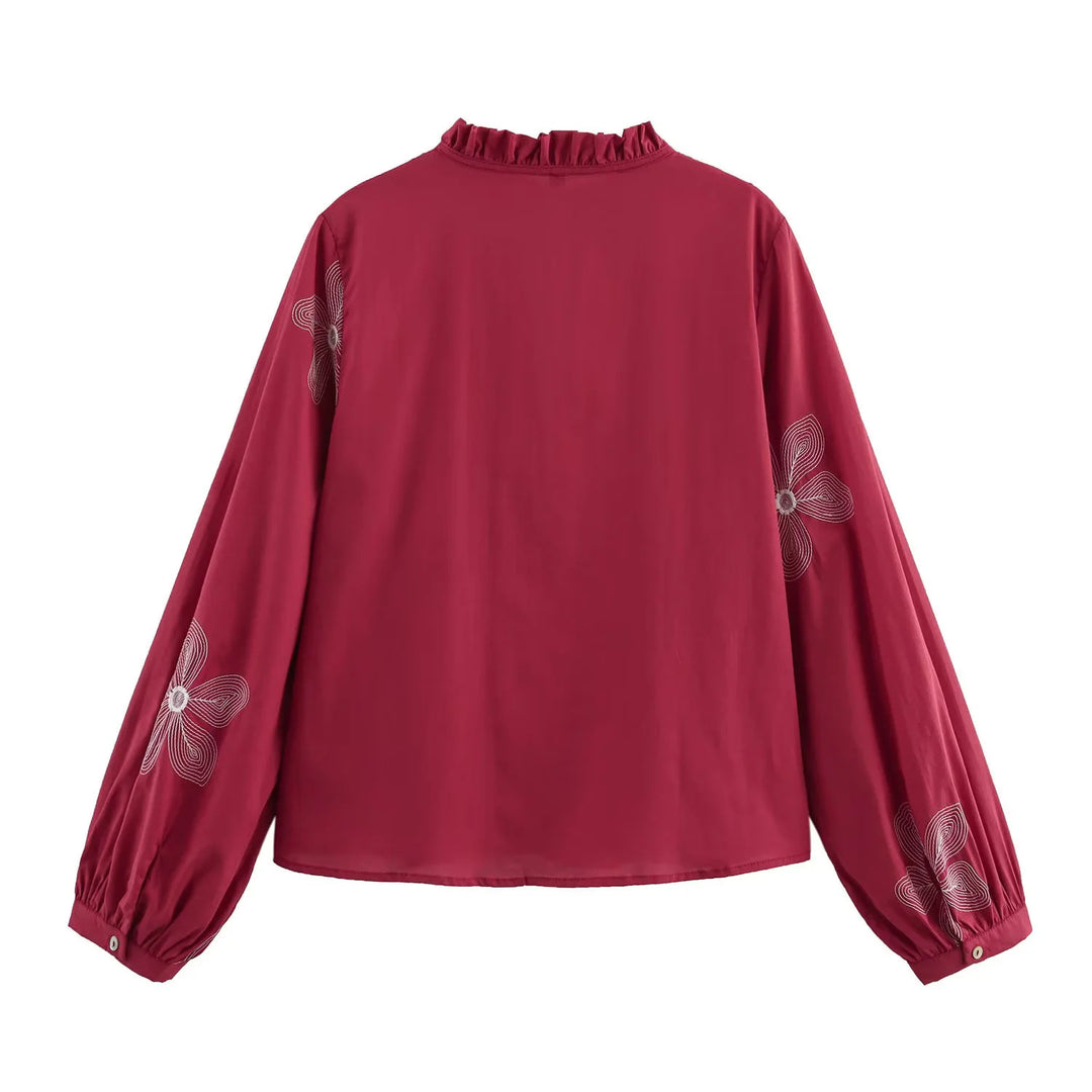Damen bestickte lockere Hemdbluse mit Volantkragen, Bindebandvorderseite und Ballonärmeln – Élovi