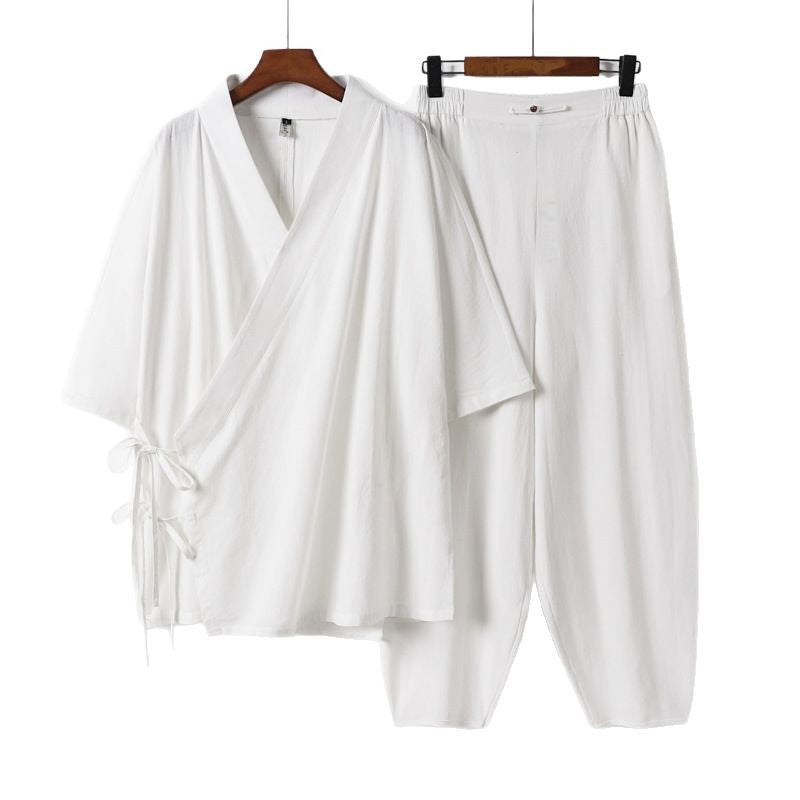 Unisex Leichtes Wickel-Lounge-Set im Kimono-Stil mit seitlichen Bindebändern und elastischer konisch zulaufender Hose Echoarchiv
