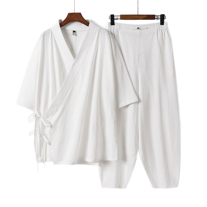 Unisex Leichtes Wickel-Lounge-Set im Kimono-Stil mit seitlichen Bindebändern und elastischer konisch zulaufender Hose Echoarchiv