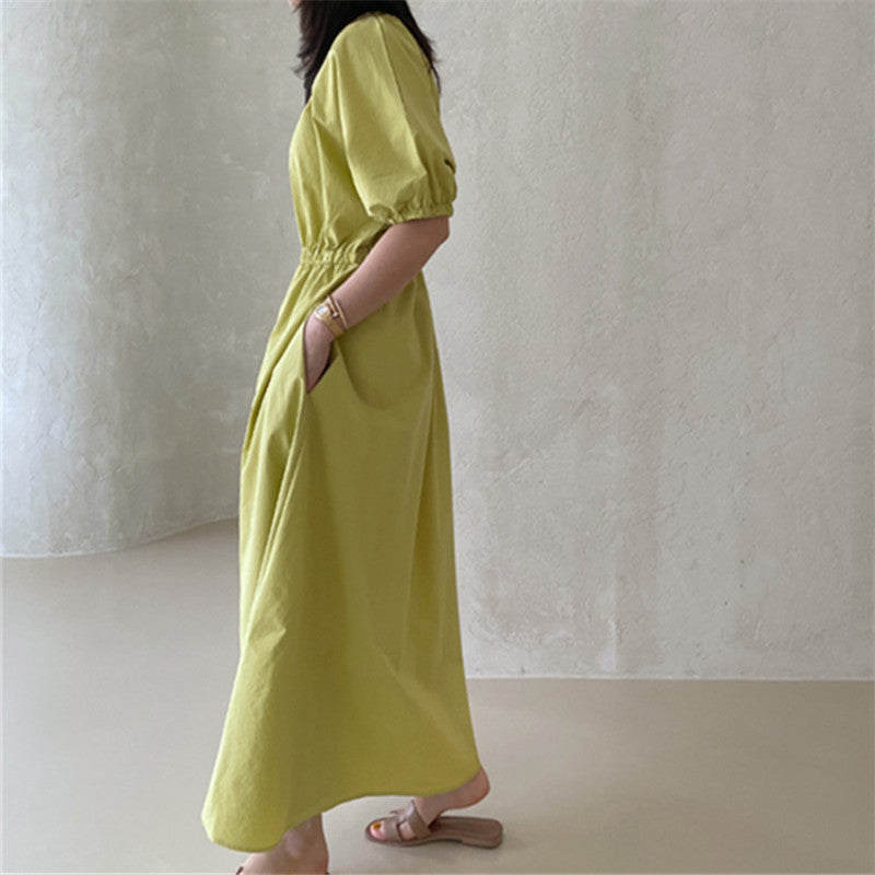Damen Fließendes Baumwoll-Maxi-Sommerkleid mit elastischem Taillenbund, Puffärmeln und Eingrifftaschen – Valéora