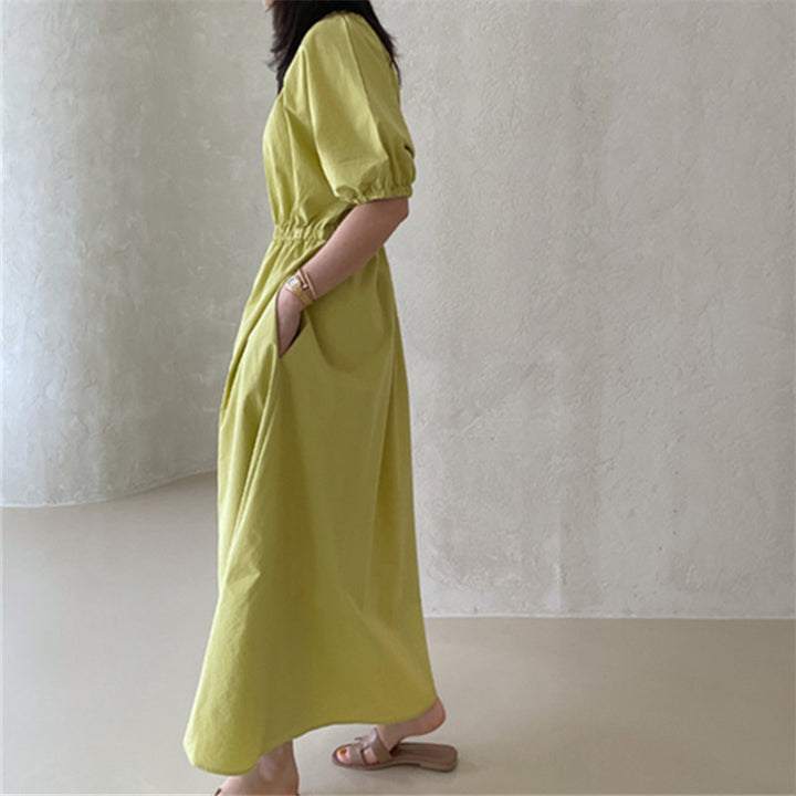Damen Fließendes Baumwoll-Maxi-Sommerkleid mit elastischem Taillenbund, Puffärmeln und Eingrifftaschen – Valéora