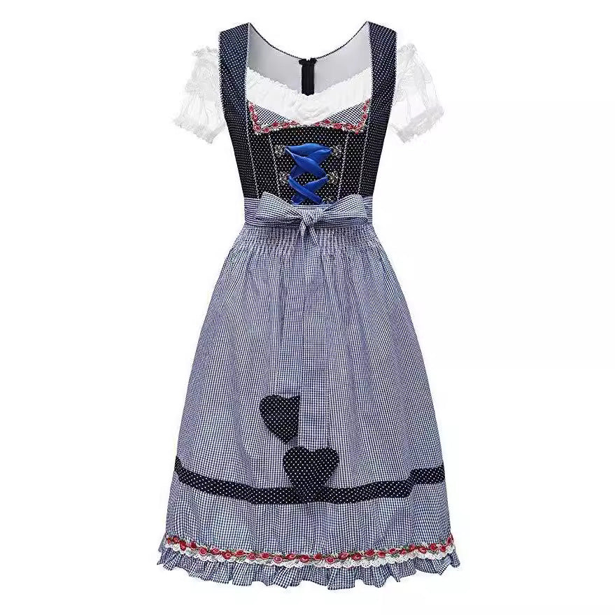 Damen nan alpines Midi-Trachtenkleid mit geschnürtem Mieder, Kurzbluse und dekorativer Herzschürze Echo Archiv