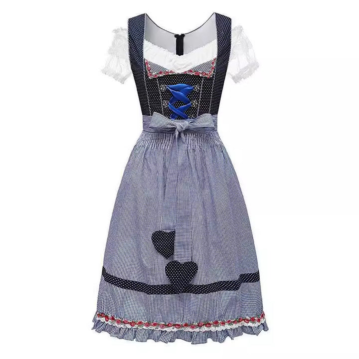 Damen nan alpines Midi-Trachtenkleid mit geschnürtem Mieder, Kurzbluse und dekorativer Herzschürze Echo Archiv
