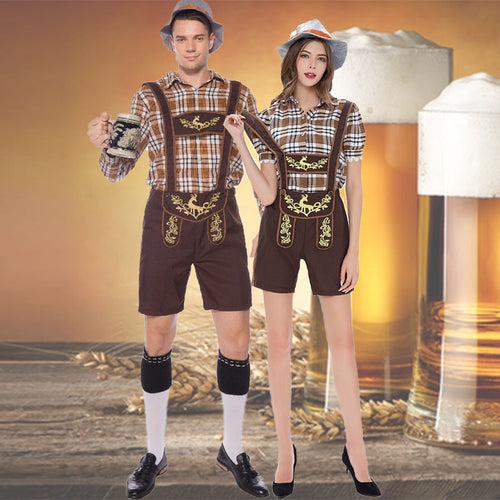 Damen nan Trachten-Shorts Latzhose mit bestickter Vorderpasse, verstellbaren Trägern und kariertem Blusen-Set Echo Archiv