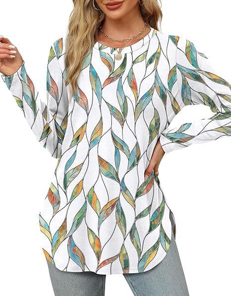 Damen Lässiges Longsleeve-Tunikaoberteil mit Rundhalsausschnitt, Seitenschlitzen und Aquarell-Blattprint Echo Archiv