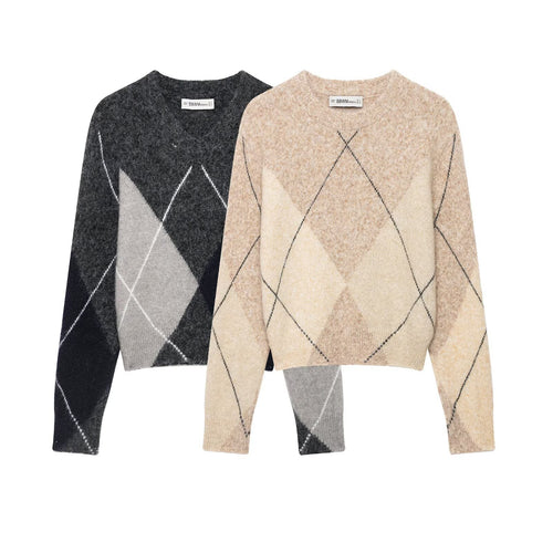 Damen Argyle-Pullover aus Wollmix mit weichem Flor und kastiger Cropped-Silhouette Echoarchiv