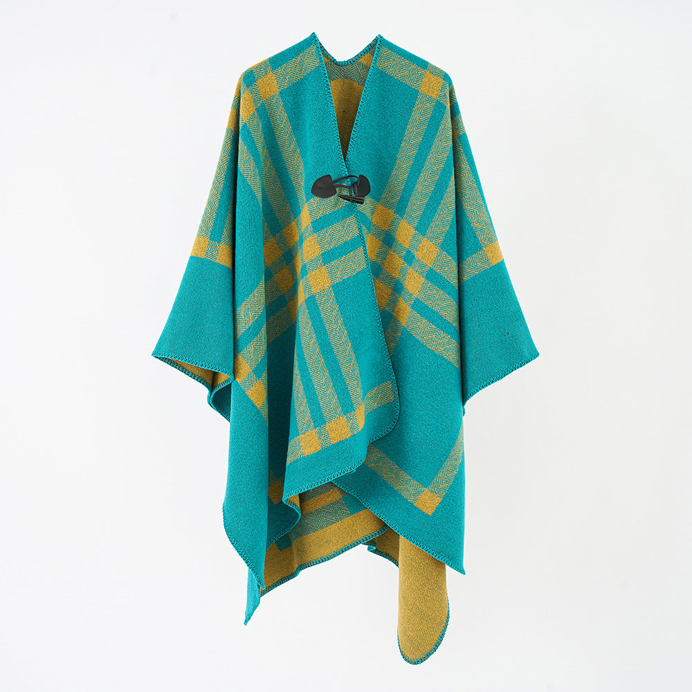 Damen Reversibler Wollmix-Poncho mit Knebelverschluss und Karomuster Echo Archiv