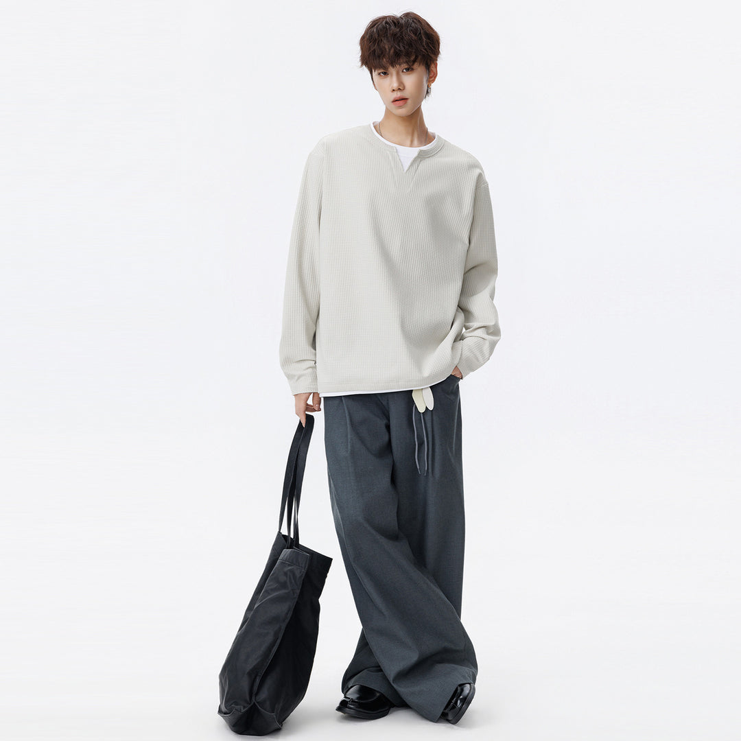 Herren Oversized Waffelstruktur-Sweatshirt mit V-Ausschnitt und Lagenoptik Echo Archiv