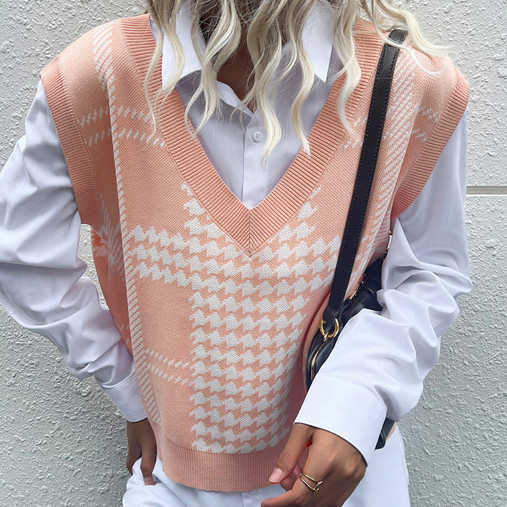 Damen Oversize-Strickweste mit V-Ausschnitt und Hahnentritt-Muster Echoarchiv