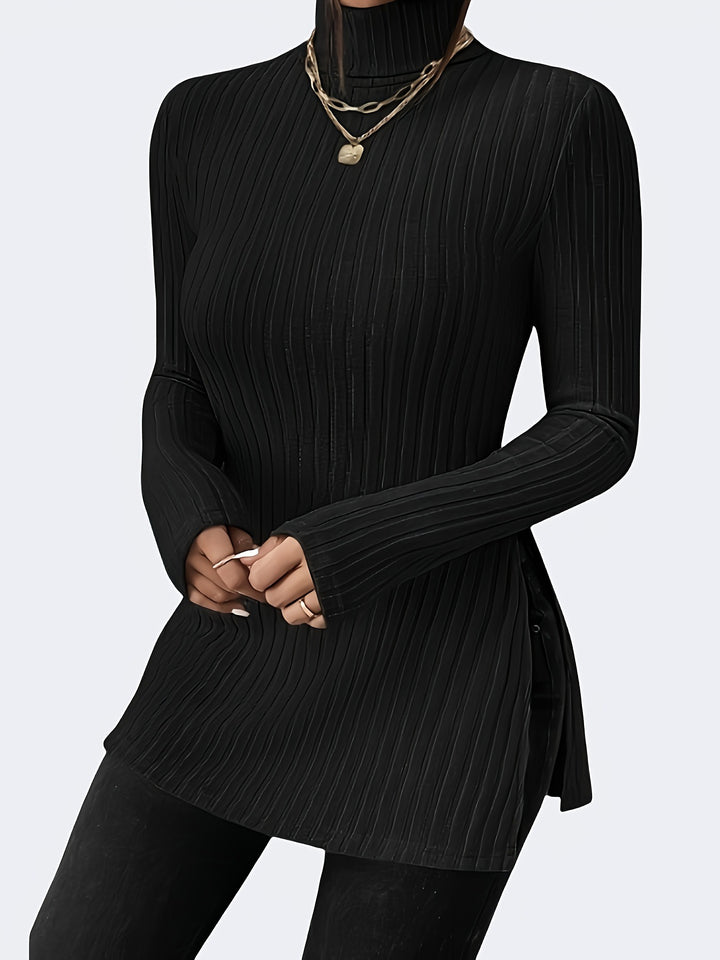 Damen Figurschmeichelnder gerippter Rollkragen-Longpullover mit Seitenschlitzen Echoarchiv