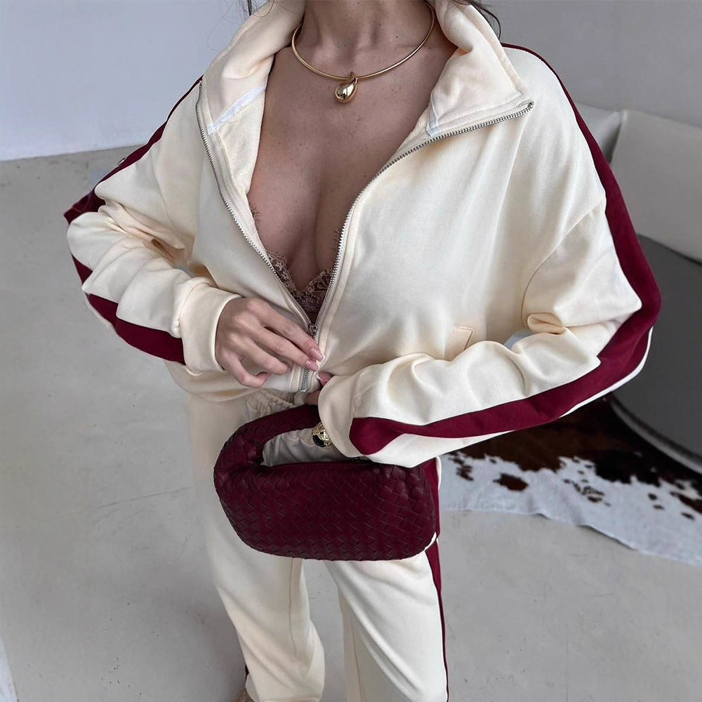 Damen Relaxed-Loungewear-Set mit kurzem Zip-Hoodie und weiter Palazzo-Jogginghose mit Seitenpaspel – Avérine