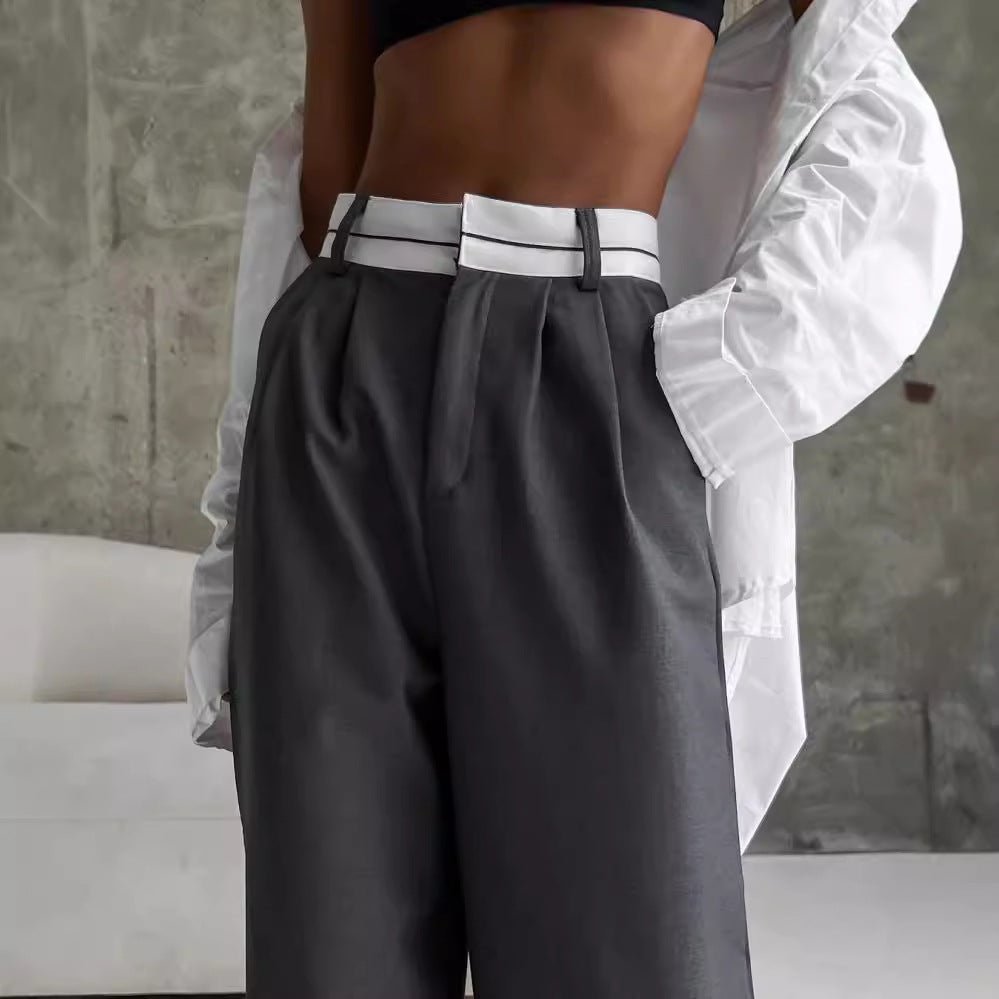 Damen Hochtaillierte weite Bundfaltenhose mit Kontrastbund Echoarchiv