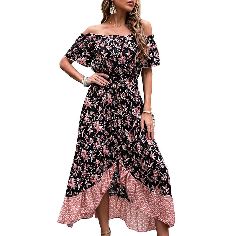 Damen Schulterfreies Boho-Maxikleid mit elastischer Smok-Taille, floralem Patchwork und hohem Seitenschlitz Echoarchiv