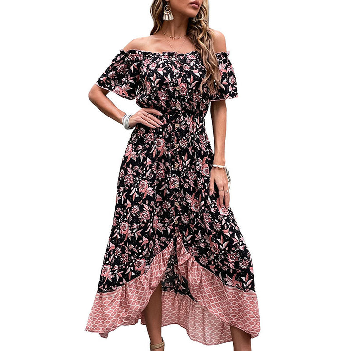 Damen Schulterfreies Boho-Maxikleid mit elastischer Smok-Taille, floralem Patchwork und hohem Seitenschlitz Echoarchiv