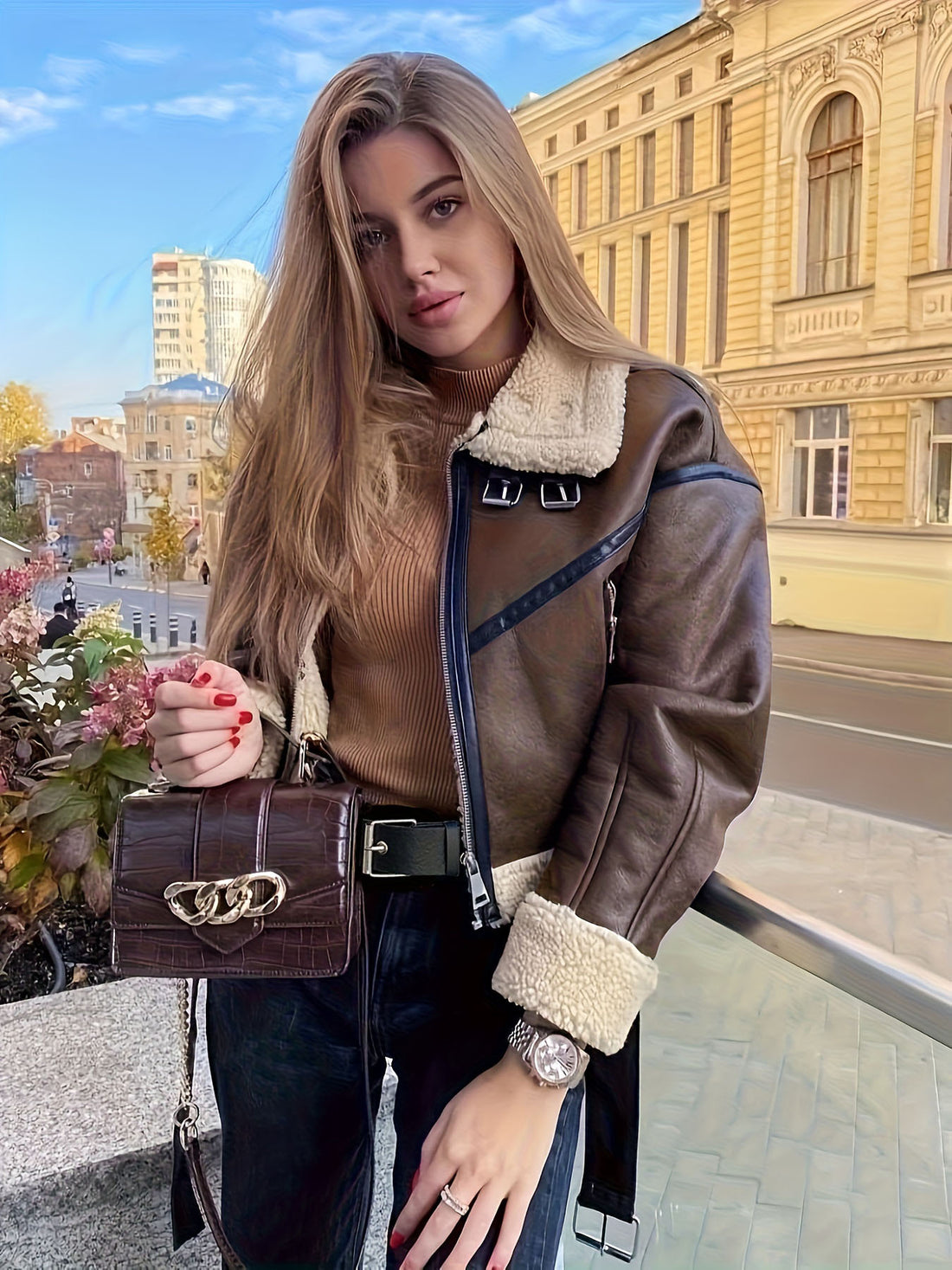 Damen Trendige und stilvolle Lederjacke mit Teddyfutter – Velloura