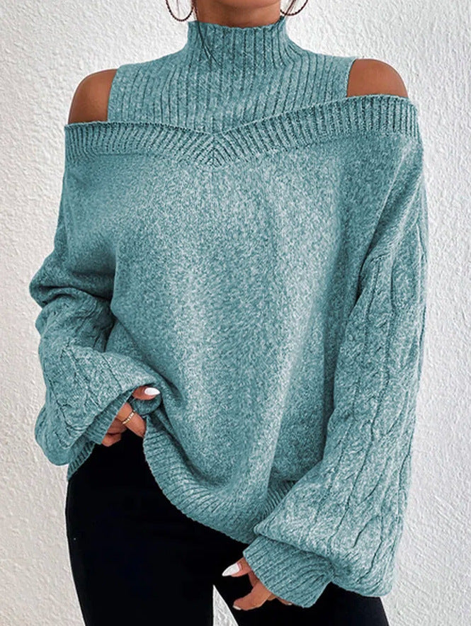 Damen nan schulterfreier Strickpullover mit Stehkragen und Zopfmusterärmeln Echo Archiv