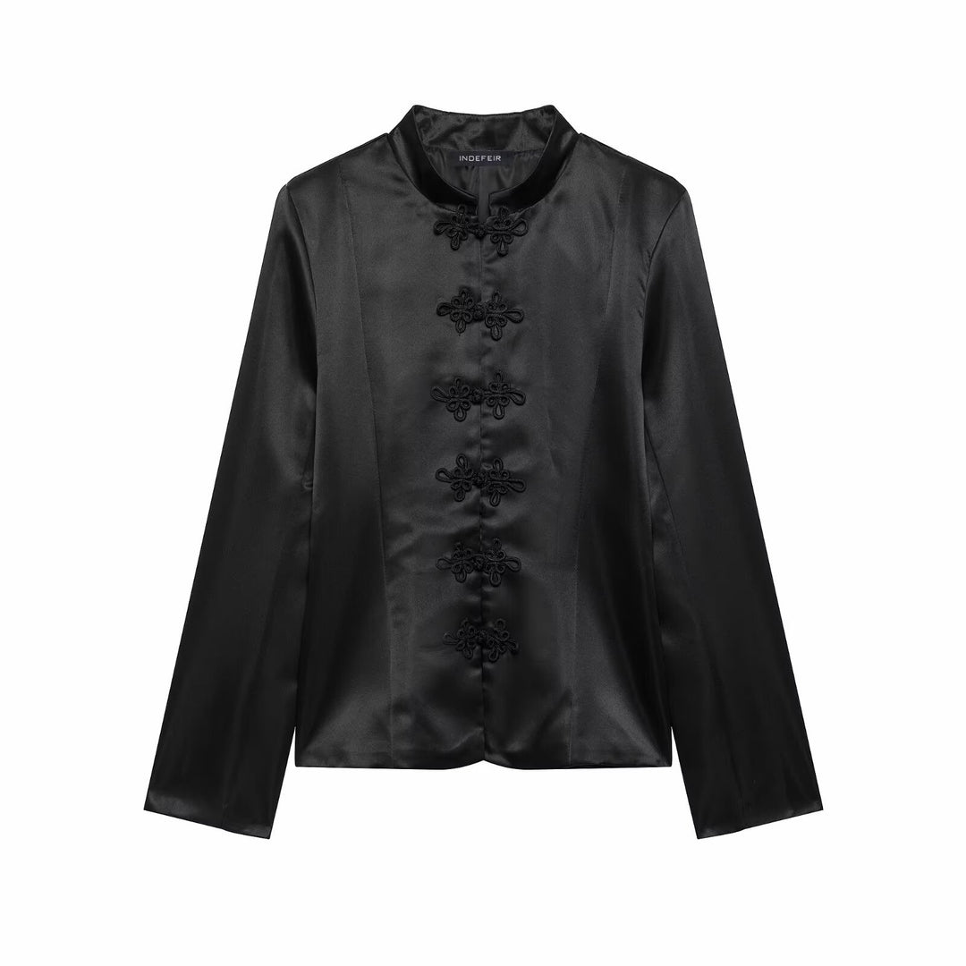 Damen Satin-Blazerjacke mit Mandarinkragen und Zierfroschknöpfen Echo Archiv