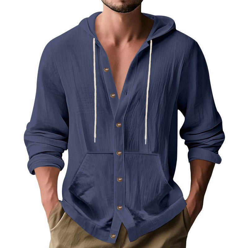 Herren nan knopfverschlossene Kapuzenhemdjacke aus leichtem Baumwollmix mit Kängurutasche Echo Archiv