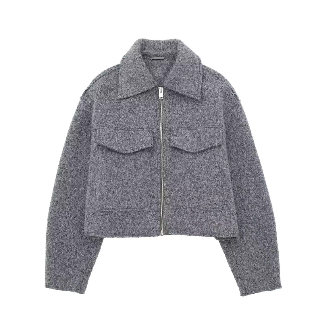 Damen Kurzgeschnittene Sherpa-Jacke mit Reißverschluss und aufgesetzten Pattentaschen Echoarchiv