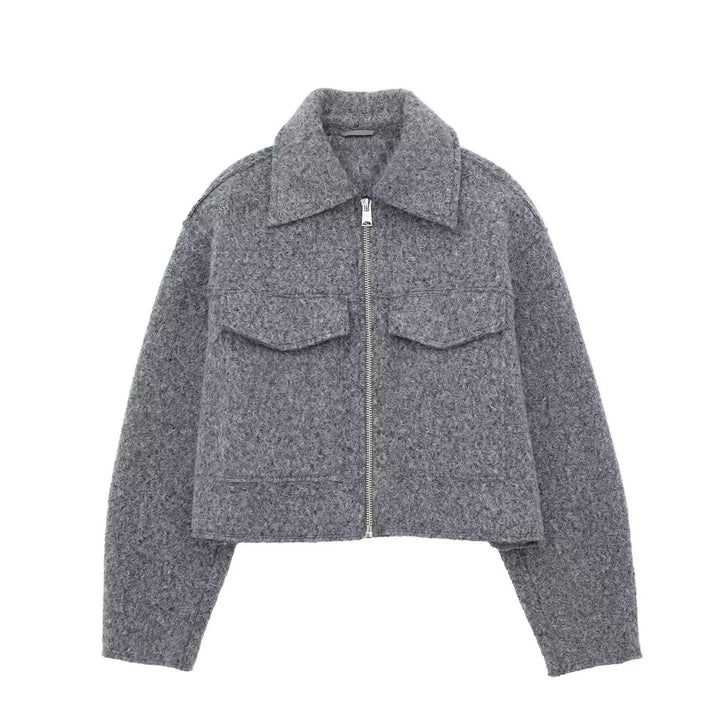 Damen Kurzgeschnittene Sherpa-Jacke mit Reißverschluss und aufgesetzten Pattentaschen Echoarchiv