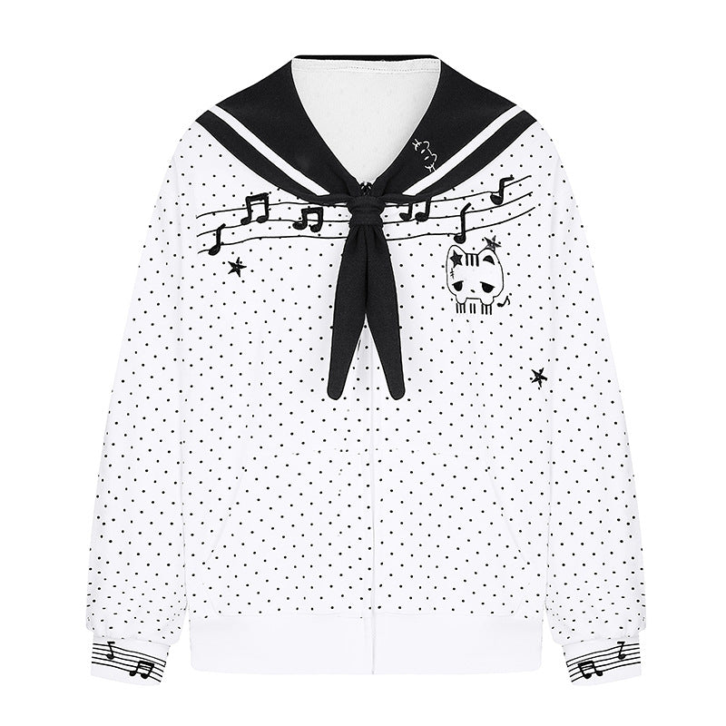 Damen Reißverschluss‑Sweatjacke im Matrosenstil mit Schleifenkragen, Polka‑Dot und Musikmotiv Echoarchiv