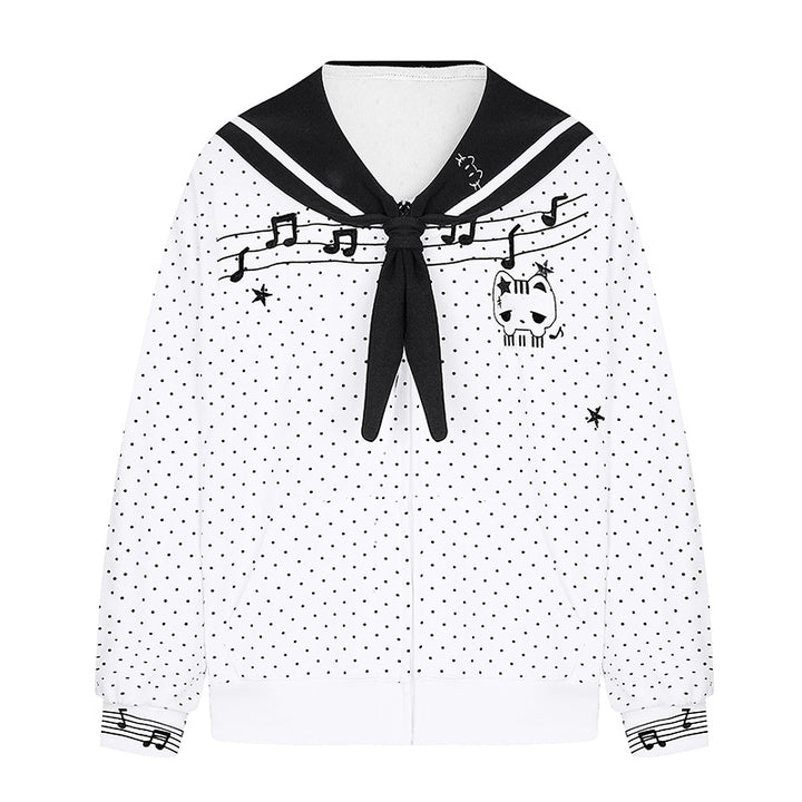 Damen Reißverschluss‑Sweatjacke im Matrosenstil mit Schleifenkragen, Polka‑Dot und Musikmotiv Echoarchiv