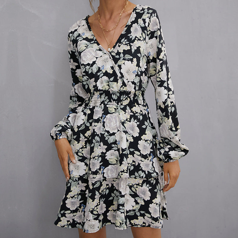 Damen Florales Minikleid mit Wickeloberteil, Smok-Taillenband und Stufenrock Echoarchiv