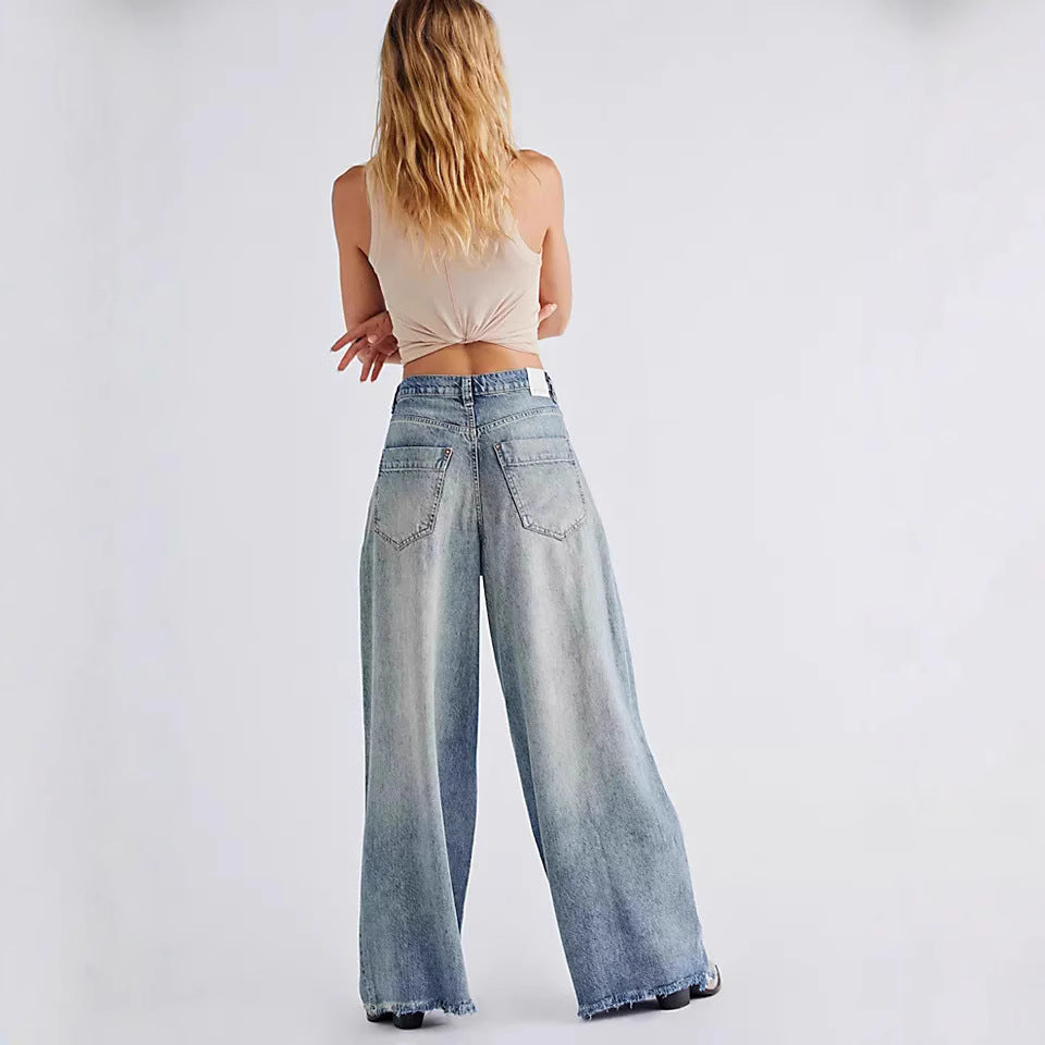 Damen nan extraweite High‑Waist Palazzo-Jeans aus Denim mit rohem Saum und Vintage-Waschung Echo Archiv