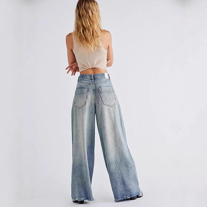 Damen nan extraweite High‑Waist Palazzo-Jeans aus Denim mit rohem Saum und Vintage-Waschung Echo Archiv