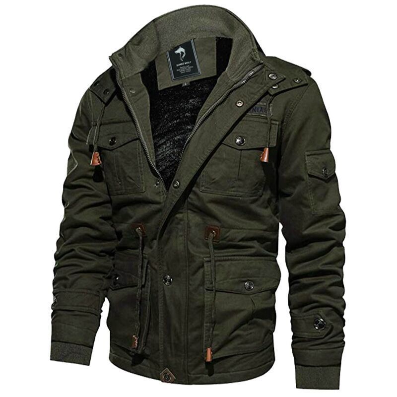 Herren Militärinspirierte Canvas-Fieldjacke mit Kapuze, Kordzug‑Taille und Fleece‑Innenfutter Echoarchiv